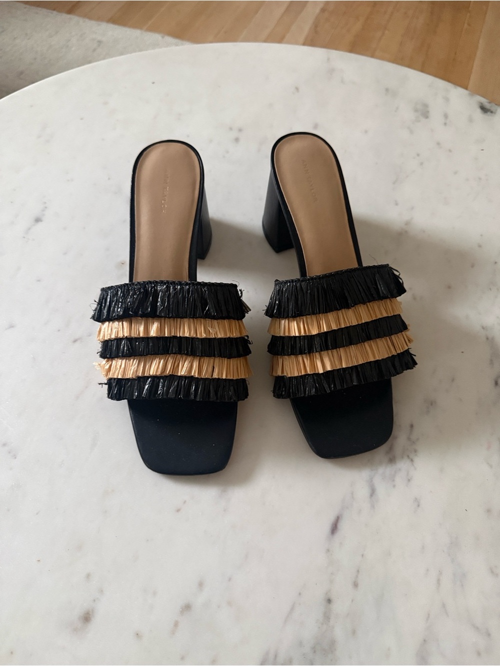 Black & Tan Fringe Block Heel Slide Sandals